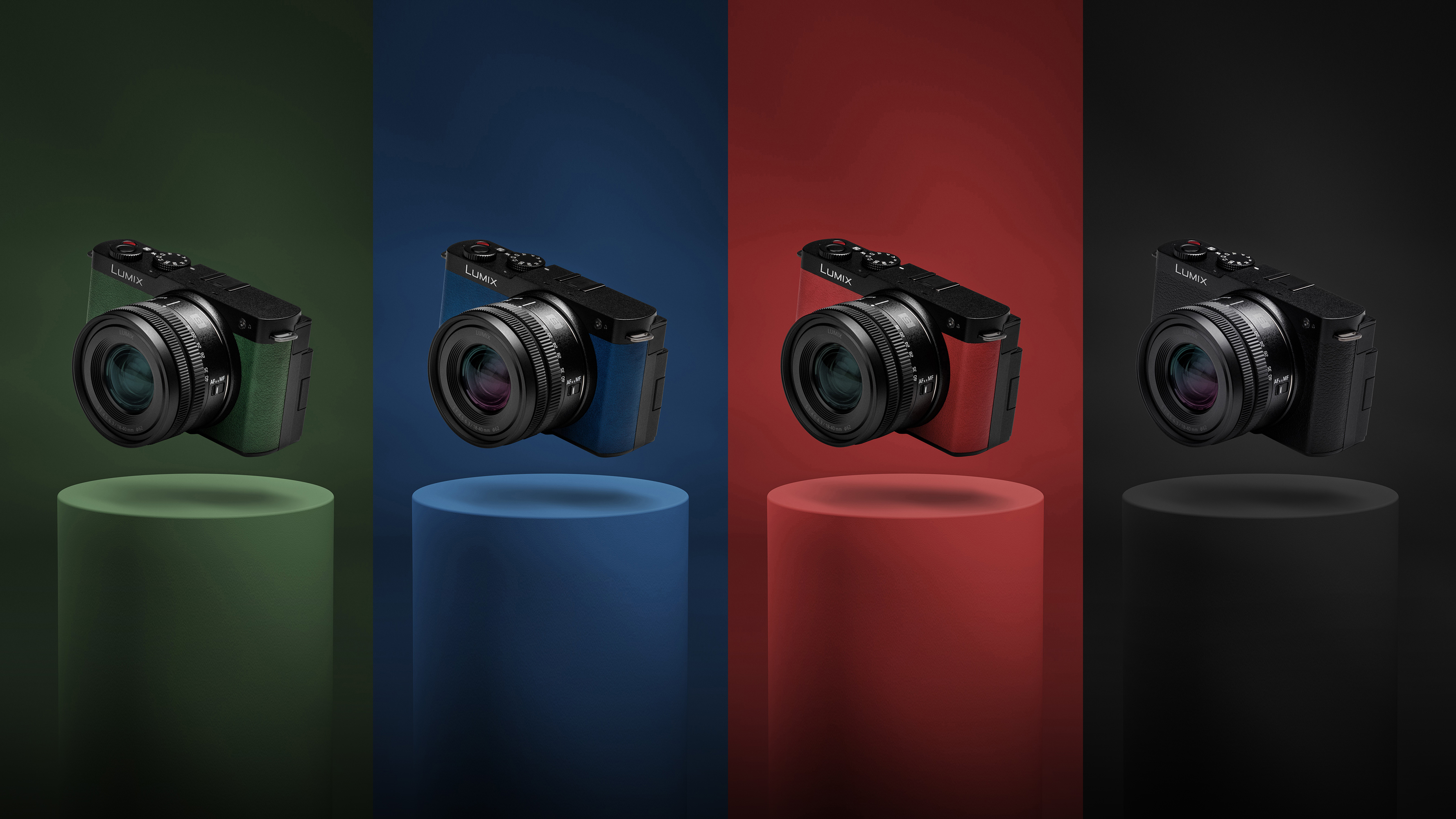 Panasonic Lumix S9 in its four different color versions: green, blue, red and black