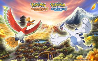 The Pokémon Ho-Oh and Lugio in front of a view of the Johto region