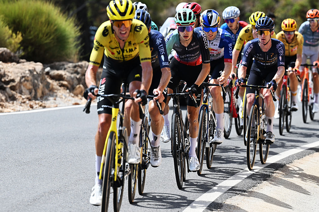LOJA, SPAIN - SEPTEMBER 04: Matthew Riccitello of United States and Team Decathlon CMA CGM competes in the breakaway during the La Vuelta - 81st Tour of Spain 2026, Stage 13 a 192.8km stage from Almu&amp;ntilde;ecar to Loja 501m / #UCIWT / on September 04, 2026 in Loja, Spain. (Photo by Tim de Waele/Getty Images)