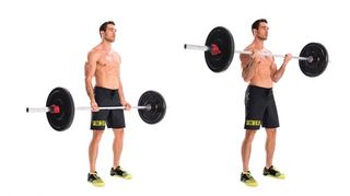 Man demonstrates two positions of the barbell biceps curl