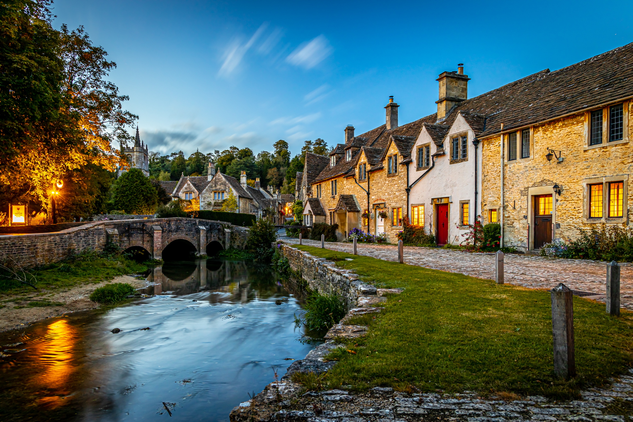 View of Castle Combe, a village and civil parish within the Cotswolds Area of Natural Beauty in Wiltshire, England