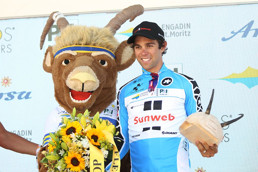 Michael Matthews in the mountains jersey after stage 1 at Tour de Suisse