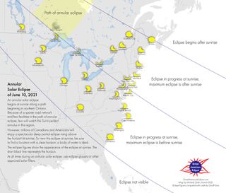 Eclipse cartographer Michael Zeiler created this detailed visibility map for the June 10, 2021 annular solar eclipse. Skywatchers in much of central and eastern North America will be able to enjoy this event as a partial solar eclipse; the full “ring of fire” effect will be limited to a narrow slice of land in central and eastern Canada.