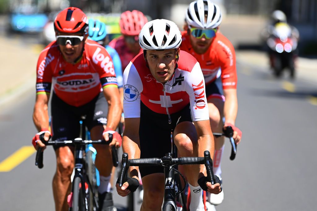 GRENCHEN SWITZERLAND JUNE 14 Matthias Reutimann of Switzerland and Team Switzerland competes in the breakaway during the 85th Tour de Suisse 2022 Stage 3 a 1769km stage from Aesch to Grenchen ourdesuisse2022 WorldTour on June 14 2022 in Grenchen Switzerland Photo by Tim de WaeleGetty Images