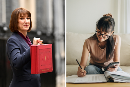 Rachel Reeves pictured alongside a midlife woman looking at her budget sheets 