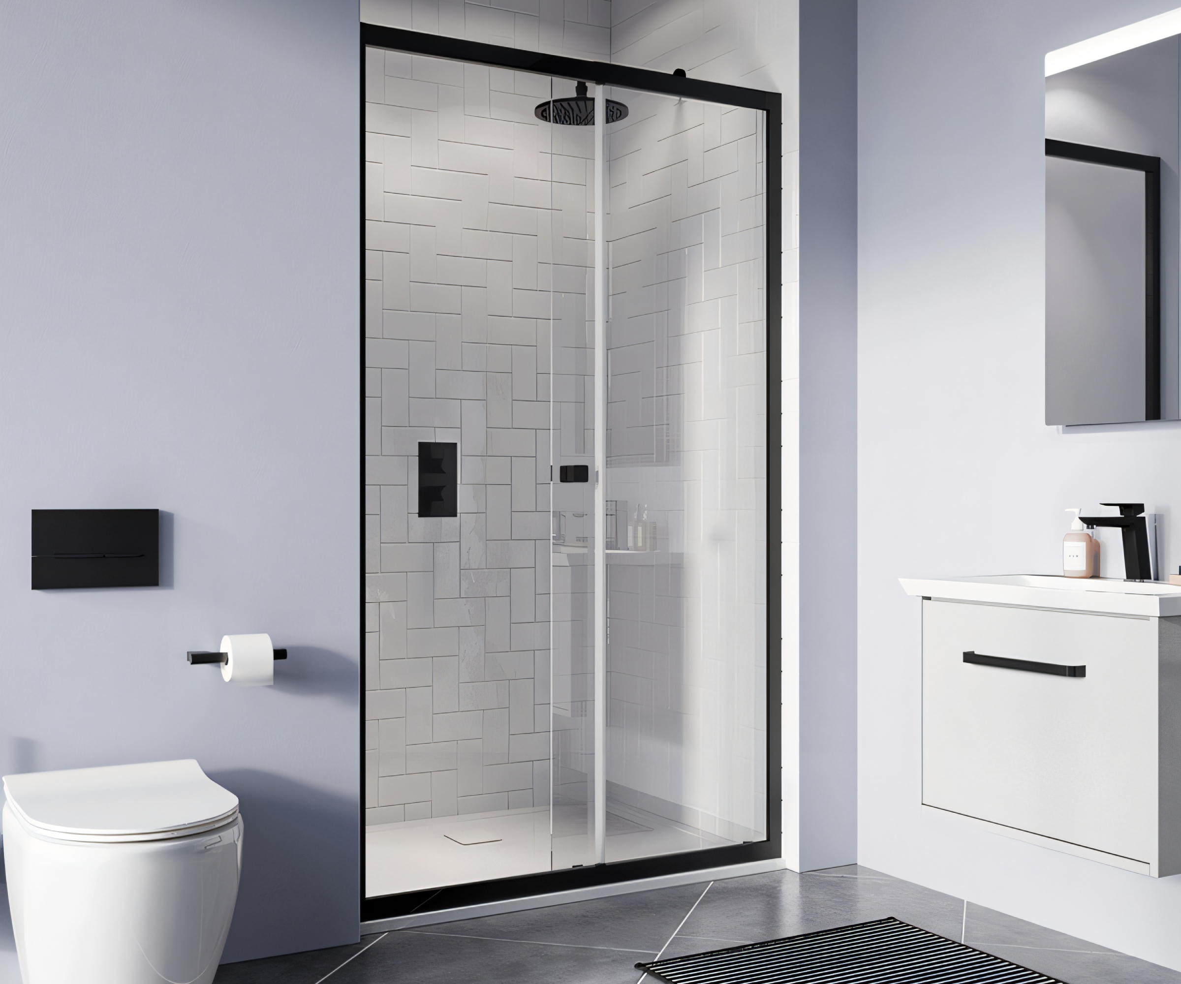 built in shower cubicle with glass and black framed sliding door