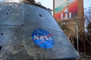 NASA’s Post-landing Orion Recovery Tests (PORT) capsule is seen on display at the Super Bowl LIVE fan festival.