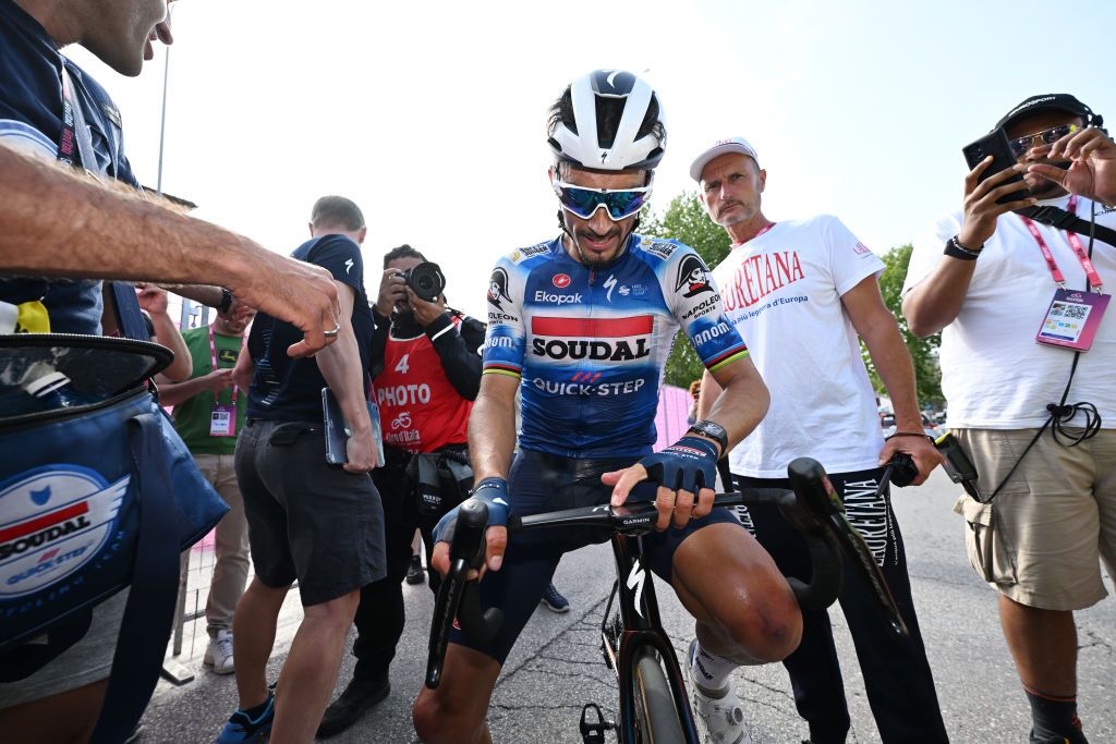 FANO ITALY MAY 16 Julian Alaphilippe of France and Team Soudal QuickStep celebrates at finish line as stage winner during the 107th Giro dItalia 2024 Stage 12 a 193km stage from Martinsicuro to Fano UCIWT on May 16 2024 in Fano Italy Photo by Tim de WaeleGetty Images