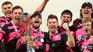 Lewis Gregory of Somerset lifts the Vitality Blast Men's Trophy following the Final match between Somerset and Hampshire at Edgbaston on September 13, 2025 in Birmingham, England. 