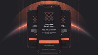 NymVPN&#039;s app homepage on three smartphones&#039; screens, on a binary code background