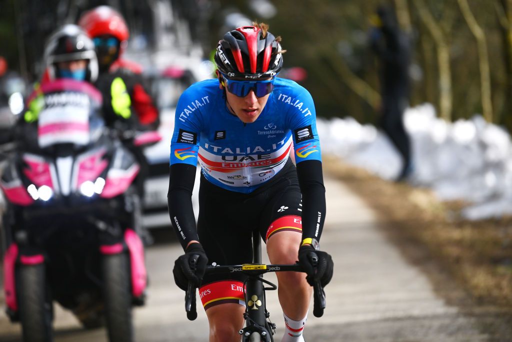 CARPEGNA ITALY MARCH 12 Tadej Pogacar of Slovenia and UAE Team Emirates Blue Leader Jersey attacks in the final climb to win the 57th TirrenoAdriatico 2022 Stage 6 a 215km stage from Apecchio to Carpegna 746m TirrenoAdriatico WorldTour on March 12 2022 in Carpegna Italy Photo by Tim de WaeleGetty Images