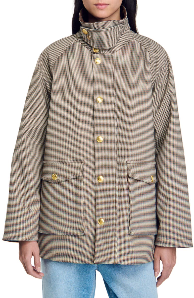 Check Coat With Velvet Collar