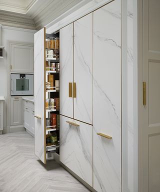 Kitchen cupboard storage ideas featuring a tall pull-out larder in a white marble finish with sleek gold handles.