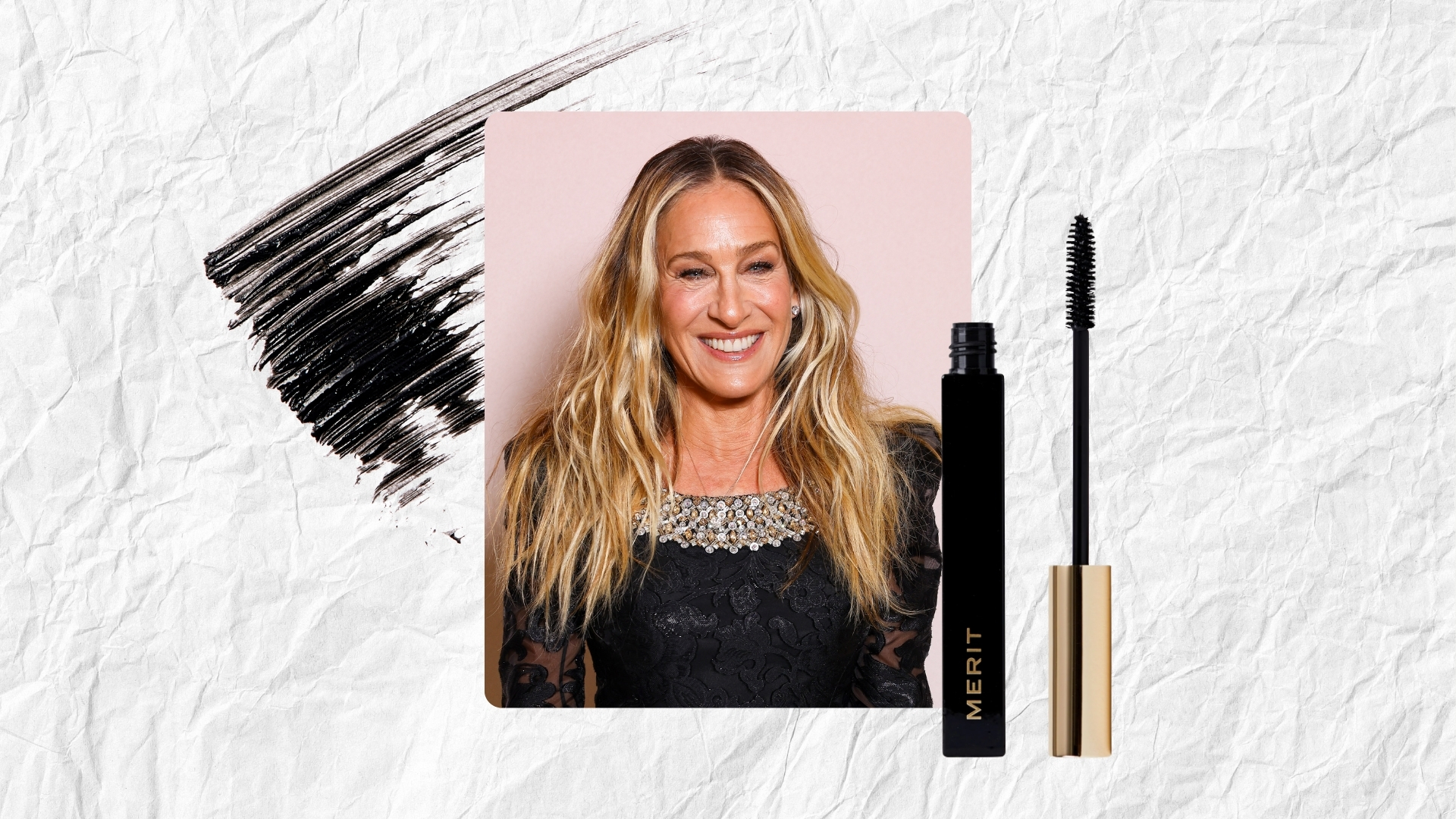 Sarah Jessica Parker is pictured wearing a black dress at the "And Just Like That…" Season Three Photocall at Hotel Napoleon on May 29, 2025 in Paris, France, alongside a product shot of the Merit Beauty mascara/ both images featured in a paper effect template, with a mascara streak