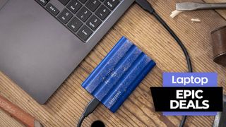 Samsung T7 Sheld SSD storage drive connected to a laptop