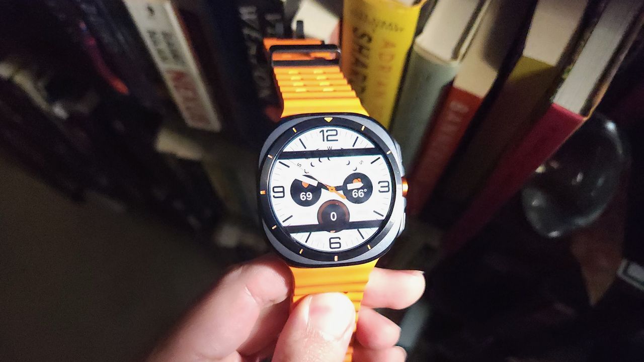 A photo of the Samsung Galaxy Watch Ultra showing semi-thick black bars over the display, indicating that the display uses PWM dimming.