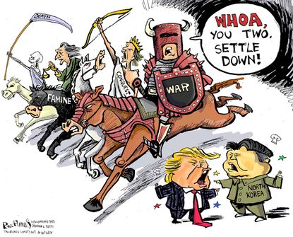 Political cartoon U.S. Trump Kim Jong Un North Korea nuclear threat war