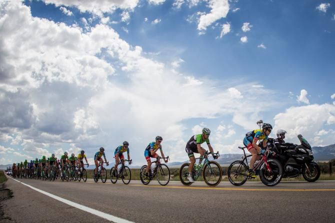 The front of the peloton starts to string out as they close in on Tooele