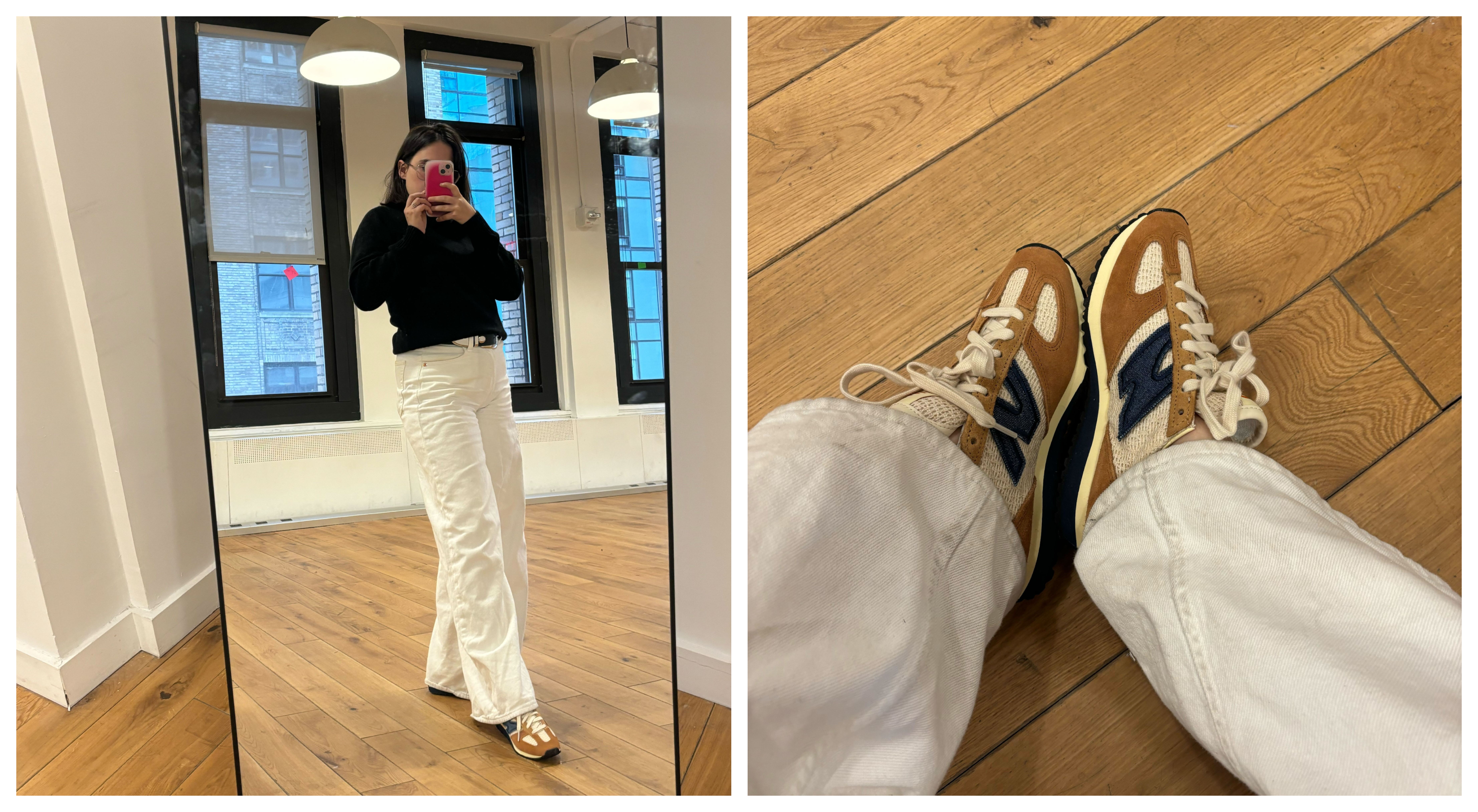 Julia Marzovilla tries on the new sezane x new balance sneakers