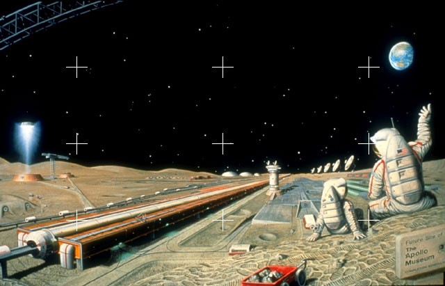 an illustration of a long metal rail buried into the surface of the moon