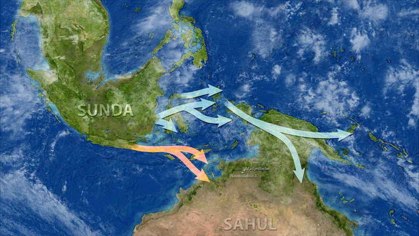 a map of Sundaland showing possible migration routes of early humans into Sahul