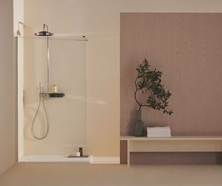 bathroom with a large walk-in shower and a neutral colour scheme