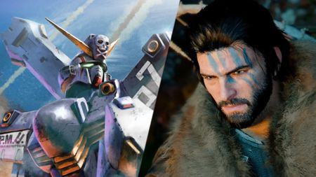 A Gundam Battle Operation 2 illustration of the Crossbone Gundam paired with a screenshot of Kliff from Crimson Desert.