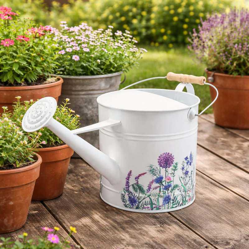 August Grove&amp;reg; Dicristino Watering Can Metal With Wooden Handle Floral Design for Indoor Outdoor Home Garden Use - 10" Multi &amp;amp; Reviews | Wayfair
