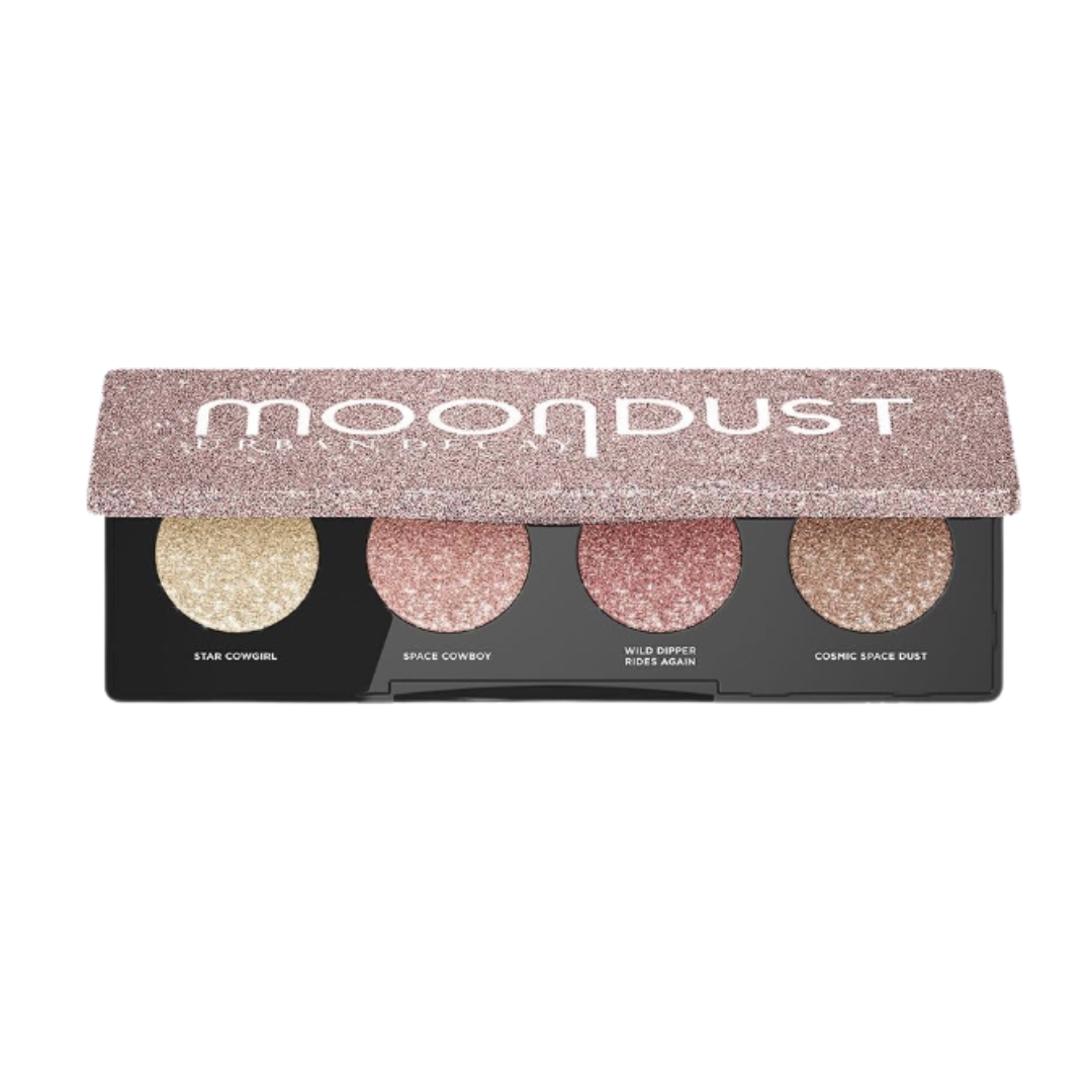 A product shot of the Urban Decay Space Rider Moondust Quad Eyeshadow Palette, on a white background