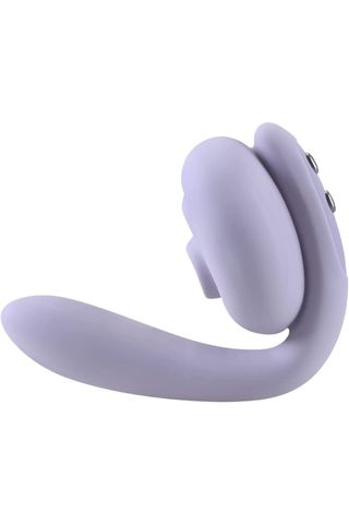 pastel purple rabbit vibrator with clitoral suction piece and long, adjustable arm