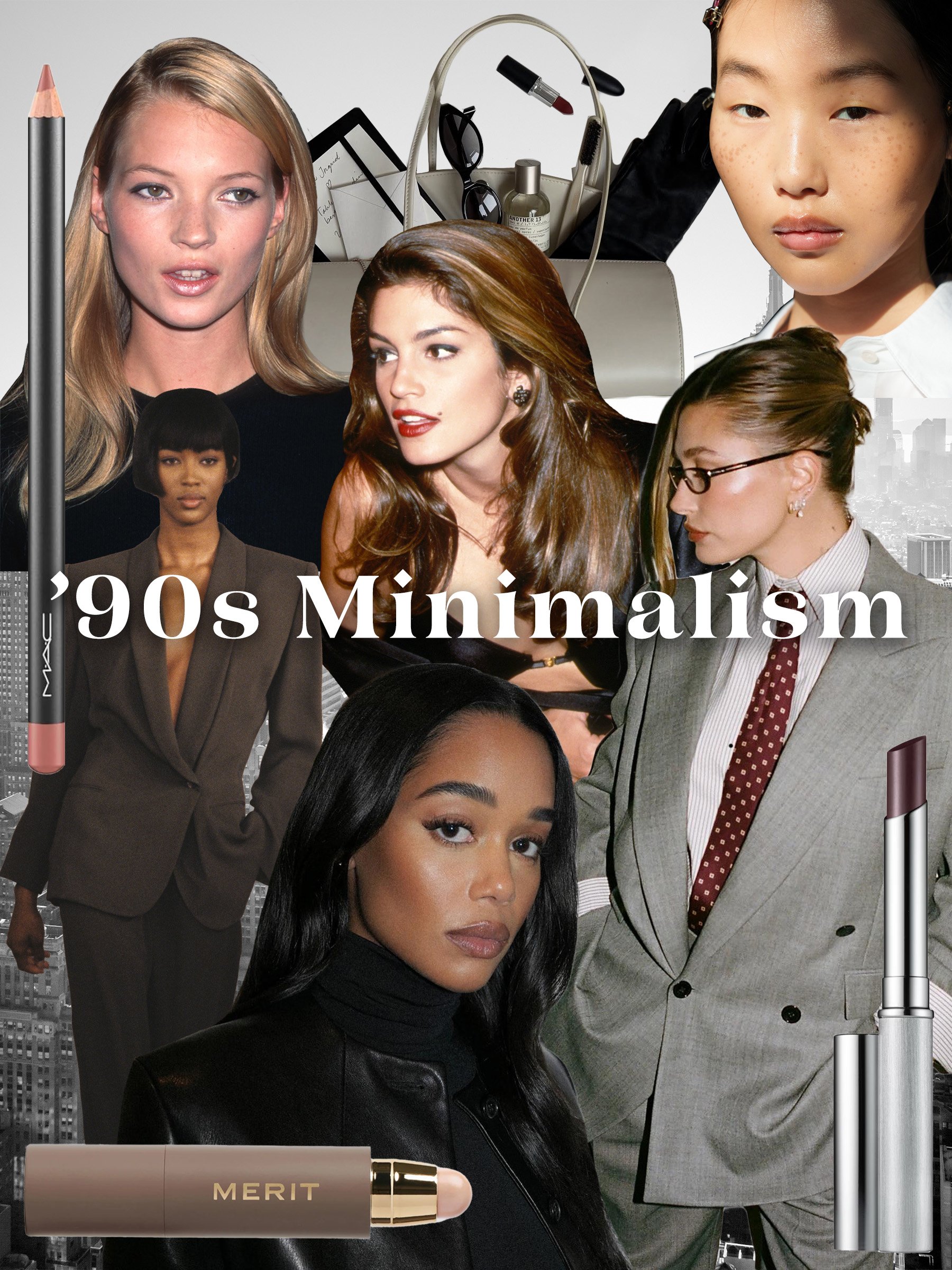 A &#039;90s themed makeup mood board with corporate fashion and &#039;90s makeup products