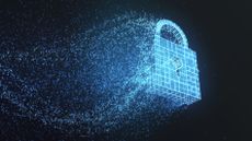 Ransomware concept image showing digital padlock in blue on dark background