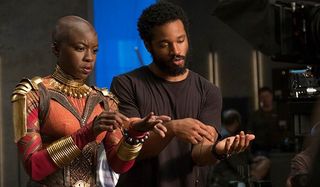 Ryan Coogler directs Danai Gurira as Okoye on the set of Black Panther, photo courtesy of Marvel.