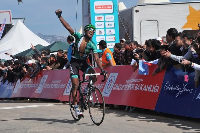 Natnael Berhane (Team Europcar) celebrates his victory in stage 3 at the Tour of Turkey.