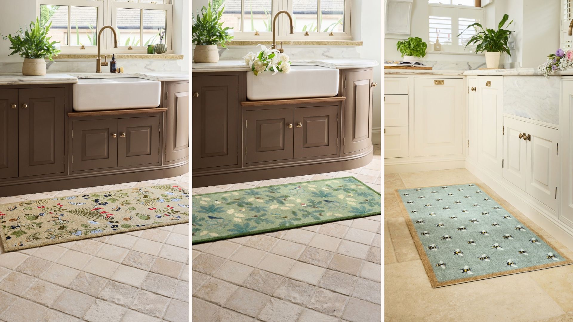 Compilation image of a kitchen showing three new Hug Rug x Sophie Allport runners