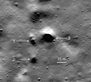 NASA Lunar Reconnaissance Orbiter images spot the newly discovered lava tube skylight candidates at Philolaus Crater near the moon's north pole.