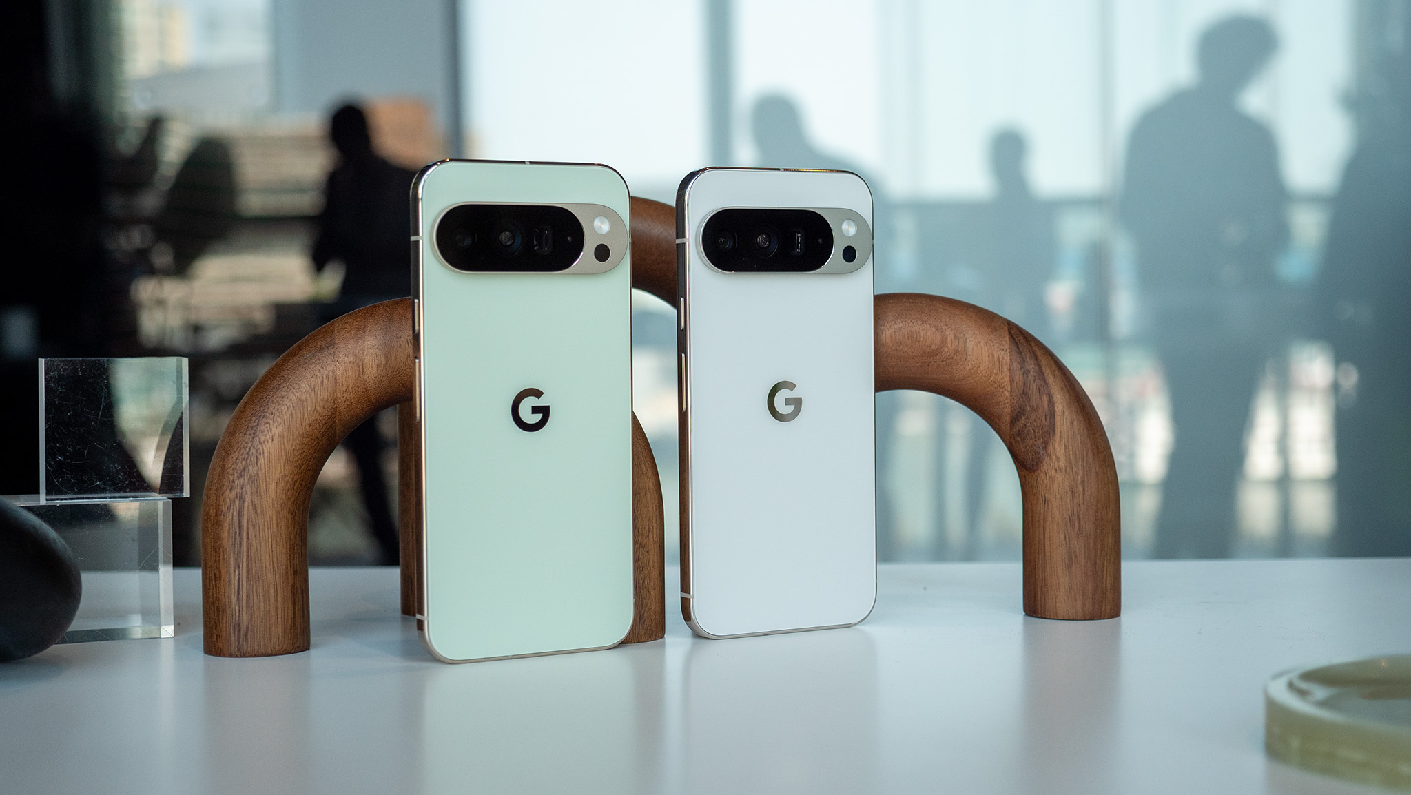 The back of the jade Google Pixel 10 Pro XL compared to the porcelain colorway