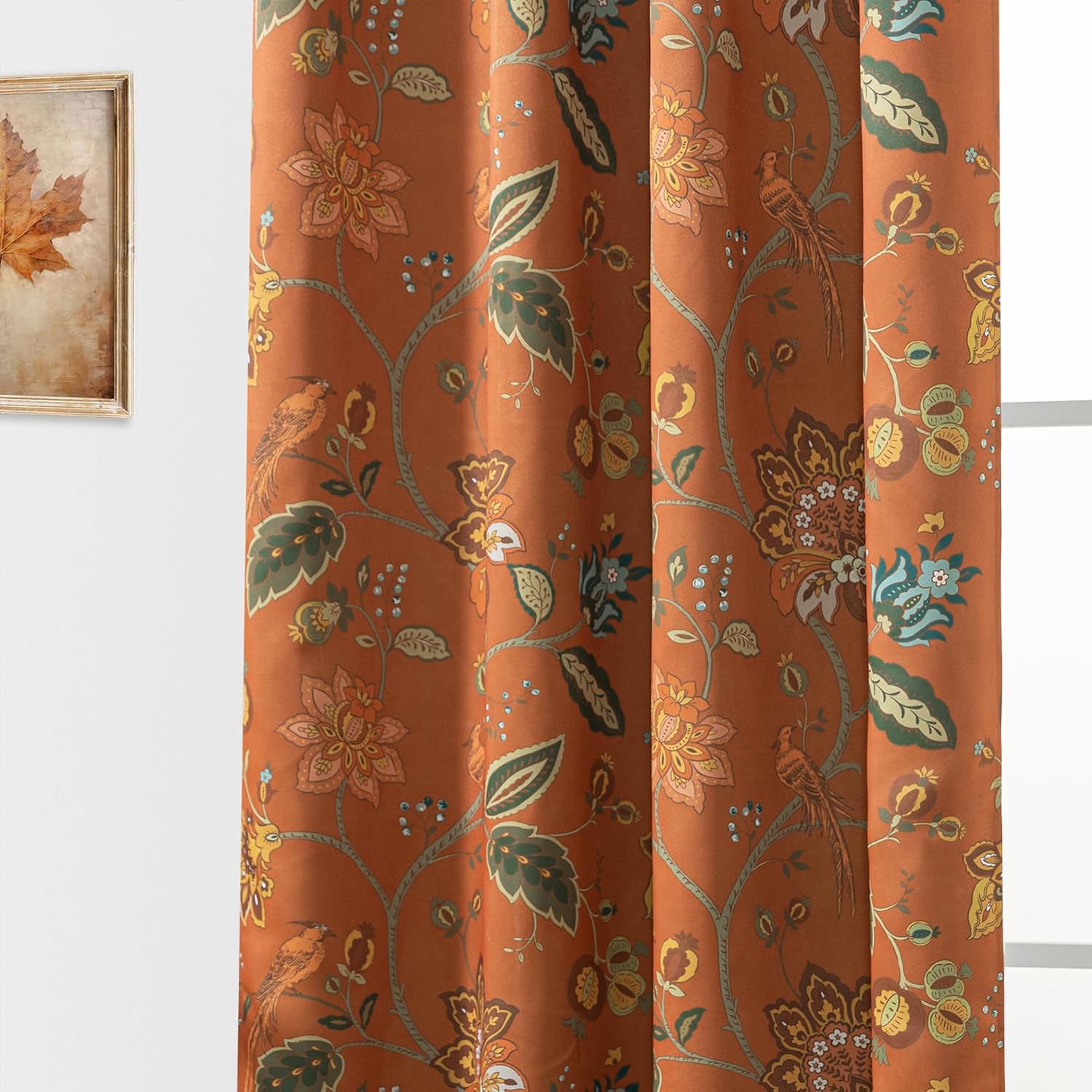 Burnt Orange Boho Fall Curtains Blackout for Living Room,retro Patterned Bohemian Curtain,colorful Terracotta Green Blue Vintage Floral Farmhouse Autumn Curtains for Bedroom 84 Inches Long 2 Panels