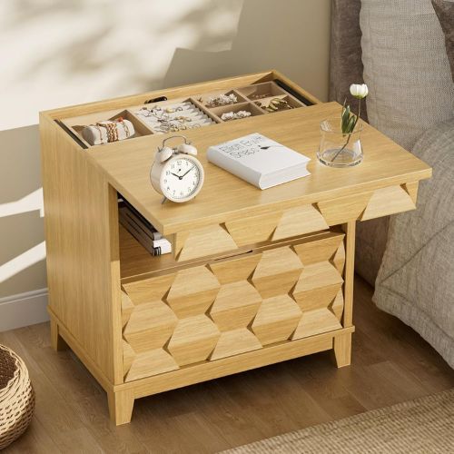 Brottar Bedside Table With Hidden Locking Drawer, Modern Fluted Bedside Cabinet With Unique 3-Dimensional Craft, Strudy Nightstand for Bedroom, Office, Living Room, Natural