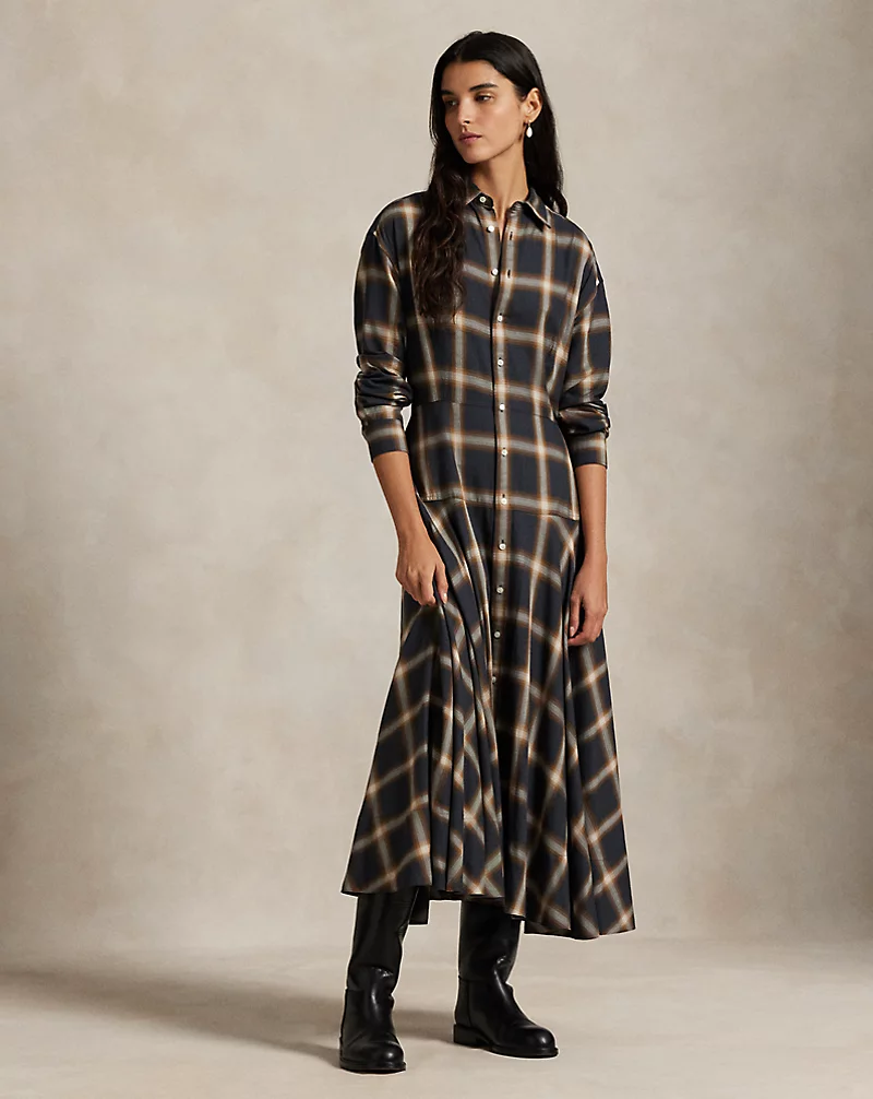 Plaid Twill Paneled Shirtdress