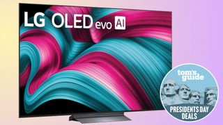 The LG C5 OLED TV next to a circular, blue-colored badge depicting the faces of Mt. Rushmore. The badge reads: "Tom's Guide Presidents' Day Deals".