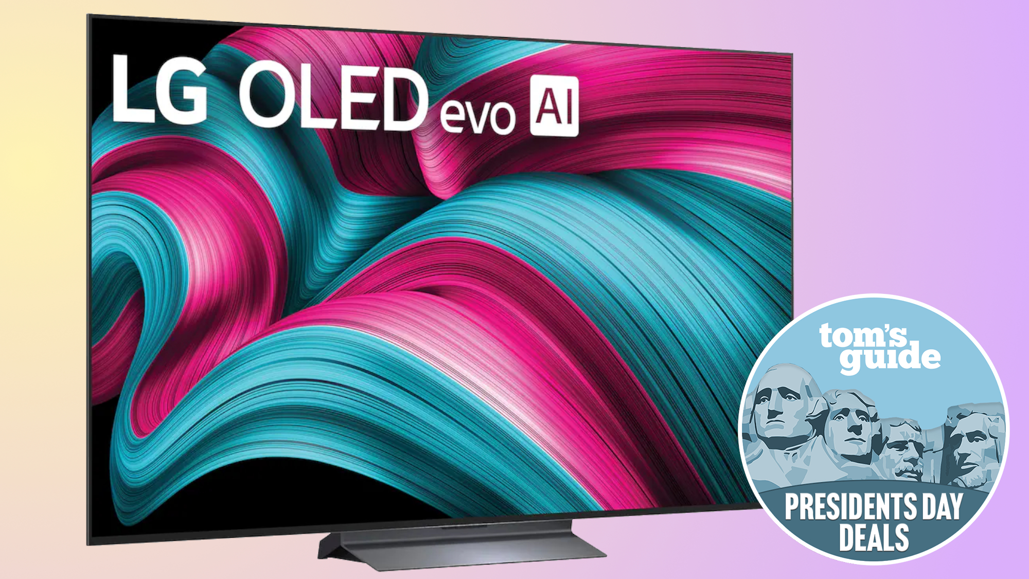 The LG C5 OLED TV next to a circular, blue-colored badge depicting the faces of Mt. Rushmore. The badge reads: "Tom's Guide Presidents' Day Deals".