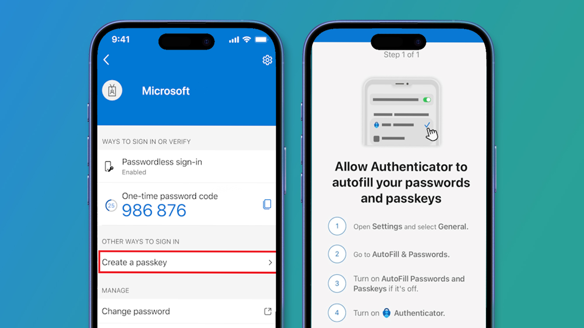 Two phones on a blue and green background showing the process of setting up passkeys in the Microsoft Authenticator app