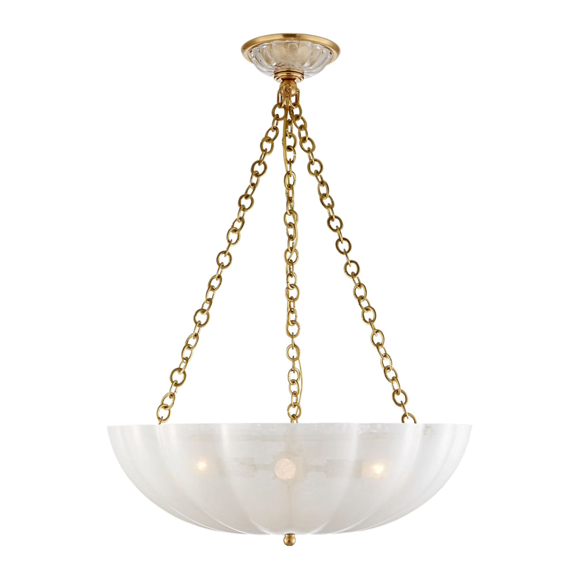 a chandelier with a scalloped shade and gold chains