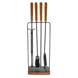 four-piece fireside tool set with shovel, sweep and poker with wooden handles and square base