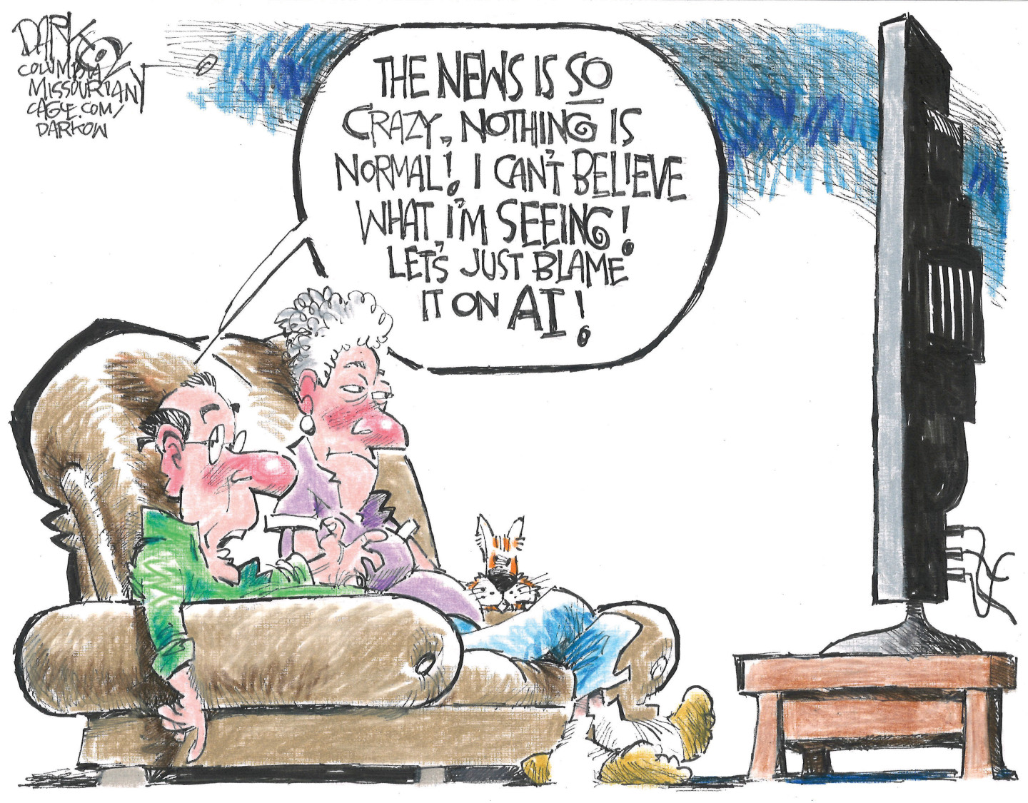 In this cartoon an elderly man and woman watch television in their living room. They look exhausted and the man says, &amp;ldquo;The news is so crazy, nothing is normal! I can&amp;rsquo;t believe what I&amp;rsquo;m seeing! Let&amp;rsquo;s just blame it on AI!&amp;rdquo;