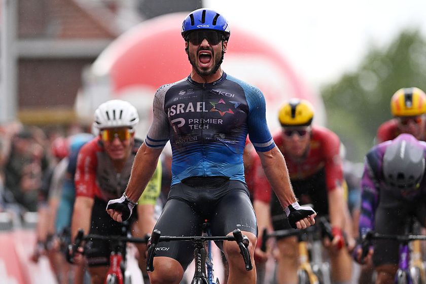 STRIJLAND, BELGIUM - SEPTEMBER 21: Oded Kogut of Israel and Team Israel - Premier Tech celebrates at finish line as race winner during the 22nd Gooikse Pijl 2025 a 195.8km one day race from Roosdaal to Strijland on September 21, 2025 in Strijland, Belgium. (Photo by Luc Claessen/Getty Images)