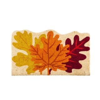 A fall door mat with leaf illustrations on it