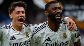 Antonio Rudiger (right) celebrates with Arda Guler after scoring an extra-time winner for Real Madrid against Real Sociedad in the Copa del Rey in April 2025.
