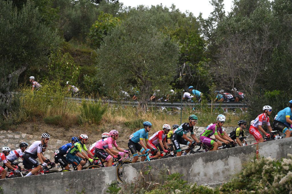 CAMIGLIATELLO SILANO ITALY OCTOBER 07 Martijn Tusveld of The Netherlands and Team Sunweb Lorenzo Rota of Italy and Team Vini Zabu KTM Joao Almeida of Portugal and Team Deceuninck QuickStep Pink Leader Jersey Rodrigo Contreras of Colombia and Astana Pro Team Pawel Poljanski of Poland and Team Bora Hansgrohe Simon Yates of The United Kingdom and Team Mitchelton Scott Giovanni Lonardi of Italy and Team Bardiani CSF Faizane Peloton Landscape during the 103rd Giro dItalia 2020 Stage 5 a 225km stage from Mileto to Camigliatello Silano 1275m girodiitalia Giro on October 07 2020 in Camigliatello Silano Italy Photo by Tim de WaeleGetty Images